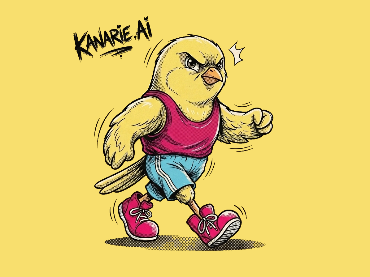 Kanarie, a determined canary mascot in a magenta tank top and teal shorts, striding forward